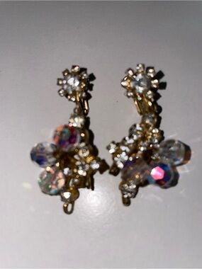 Clip on Gold Floral Drop Earrings with Iridescent Crystal Accents